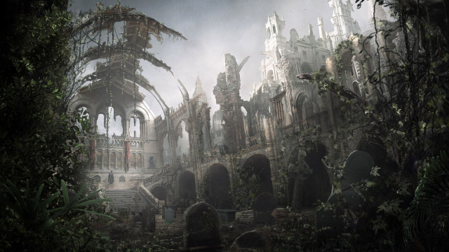 Ruined building forest trees birds free wallpaper for desktop - medium preview image