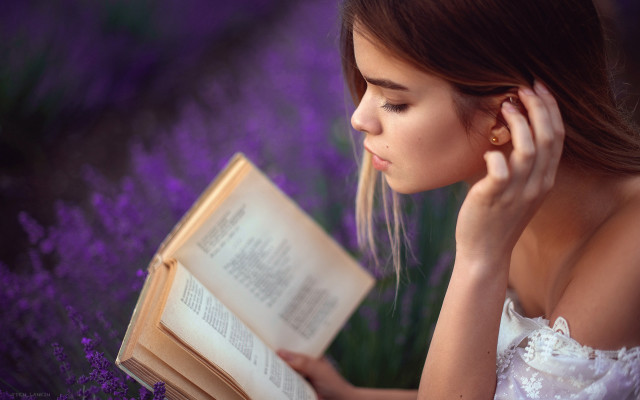 Lavender woman reading bare shoulders free wallpaper for desktop - medium preview image
