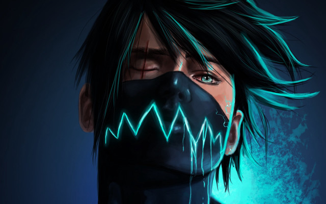 Man blackmask bluebackground greenlight multicoloredhair free wallpaper for desktop - medium preview image