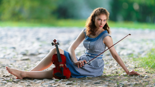 Woman sitting violin field blurry free wallpaper for desktop - medium preview image