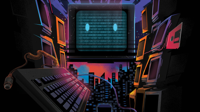 Cyberpunk monitor face city night free wallpaper for desktop - medium preview image