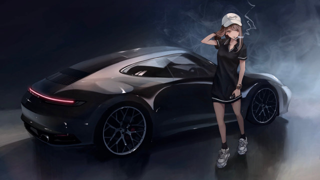Woman black dress hat car free wallpaper for desktop - medium preview image