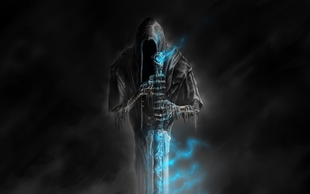 Hooded man sword glowing blue free wallpaper for desktop - medium preview image