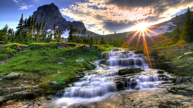Waterfall mountain sunbeam sky nature #3 free wallpaper for desktop - medium preview image