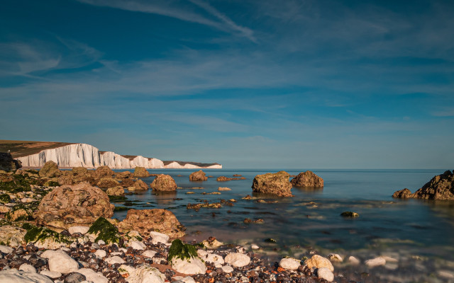 Rocky beach white cliff water free wallpaper for desktop - medium preview image