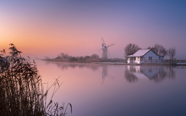Windmill foggy lake reeds house free wallpaper for desktop - medium preview image