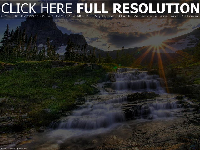 Waterfall sunshine mountain cloudy sky free wallpaper for desktop - medium preview image