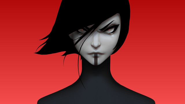 Woman blackhair blackdress cross redbackground free wallpaper for desktop - medium preview image