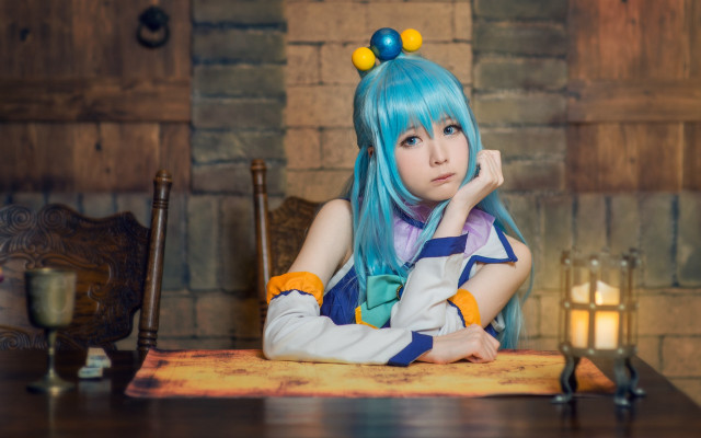 Blue hair woman candle brick free wallpaper for desktop - medium preview image