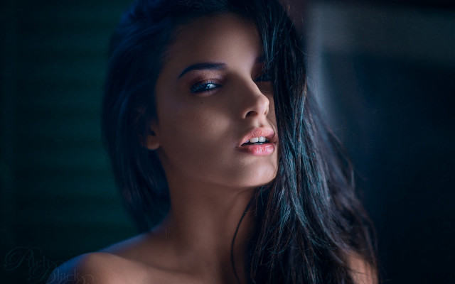 Woman longhair blueDress darkroom portrait free wallpaper for desktop - medium preview image