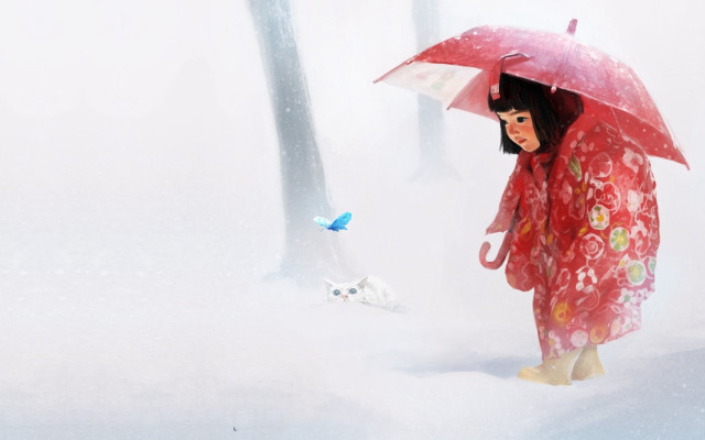 Woman red kimono umbrella snow free wallpaper for desktop - medium preview image