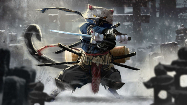 Cat samurai snow blurry armor free wallpaper for desktop - medium preview image