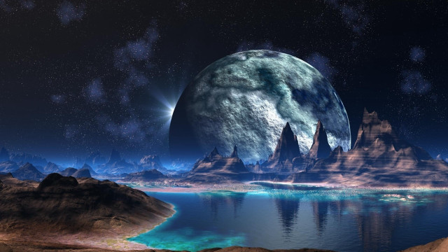 Planet lake mountains starry sky free wallpaper for desktop - medium preview image