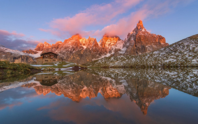 Mountain lake house pink sky free wallpaper for desktop - medium preview image