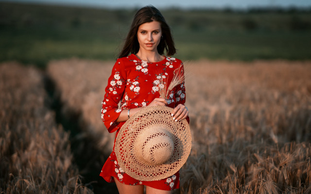 Woman red dress straw hat free wallpaper for desktop - medium preview image