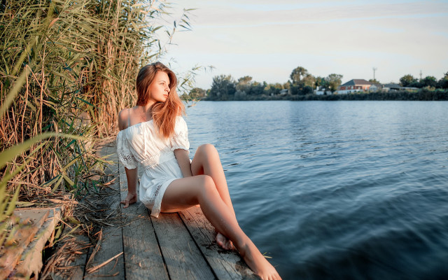 Woman dock lake reeds house free wallpaper for desktop - medium preview image