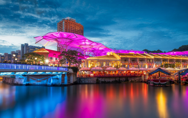 Large building umbrella river cityscape free wallpaper for desktop - medium preview image