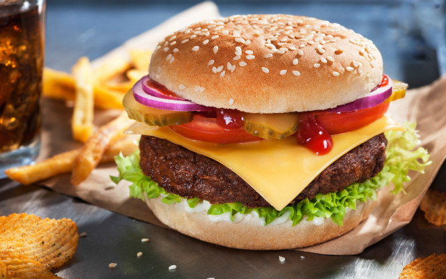 Burger cheese tomato lettuce onion free wallpaper for desktop - medium preview image