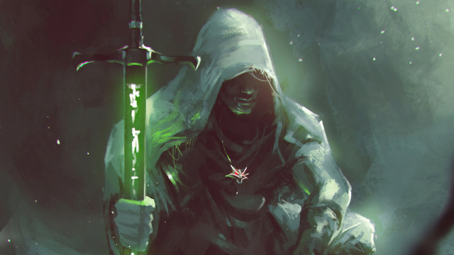 Hooded man green sword glowing free wallpaper for desktop - medium preview image