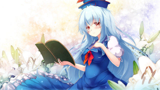Blue haired girl flower field free wallpaper for desktop - medium preview image