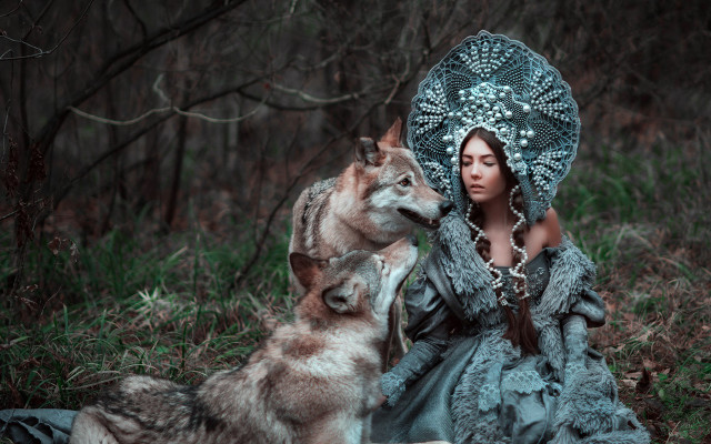 Woman blue dress wolf forest free wallpaper for desktop - medium preview image