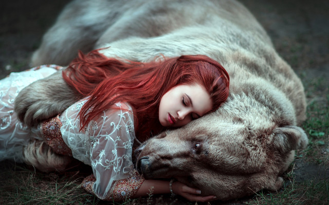Woman bear redhair closedeyes art free wallpaper for desktop - medium preview image