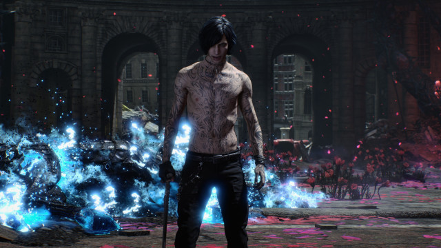 Man sword blue pink cyberpunk free wallpaper for desktop - medium preview image