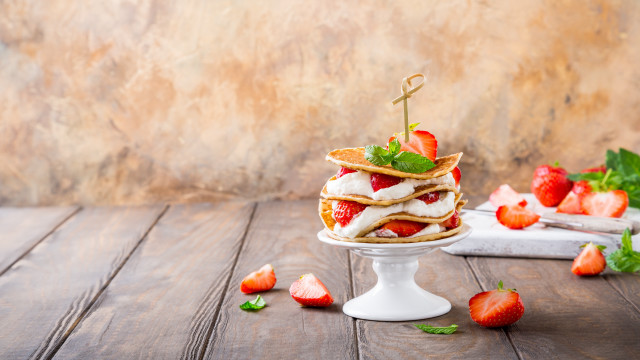 Pancakes strawberries plate table food free wallpaper for desktop - medium preview image
