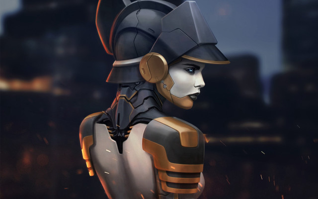 Futuristic woman cyberpunk city armor free wallpaper for desktop - medium preview image