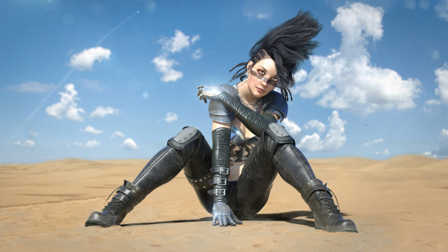 Woman black outfit sitting desert free wallpaper for desktop - medium preview image