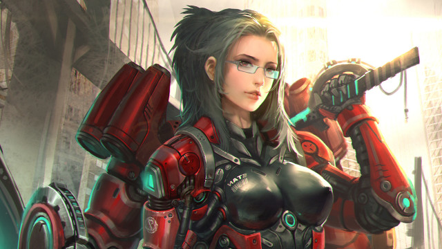 Futuristic woman cyberpunk city gun free wallpaper for desktop - medium preview image