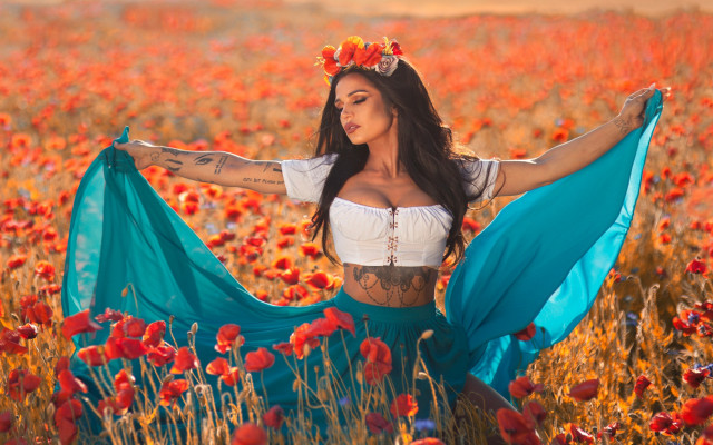 Woman flower field blue skirt free wallpaper for desktop - medium preview image