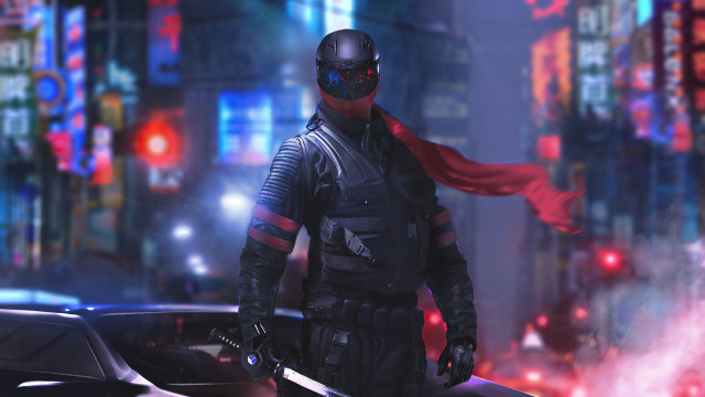 Futuristic city man sword cape free wallpaper for desktop - medium preview image