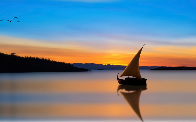 Sailboat lake sunset bird matte free wallpaper for desktop - medium preview image