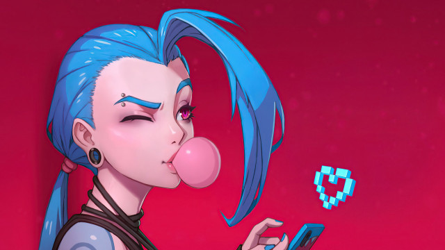 Blue hair bubble blowing cyberpunk free wallpaper for desktop - medium preview image