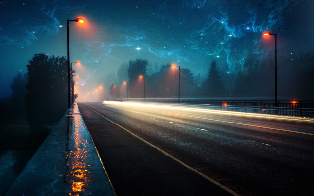 Night streetlights starry sky moonfireworks free wallpaper for desktop - medium preview image