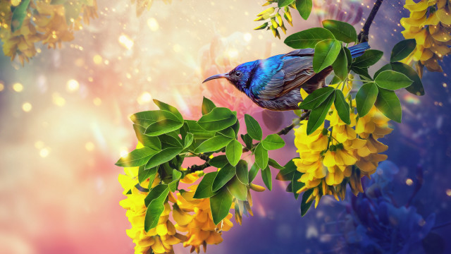 Bird branch yellowflowers digitalpainting naturereflection free wallpaper for desktop - medium preview image