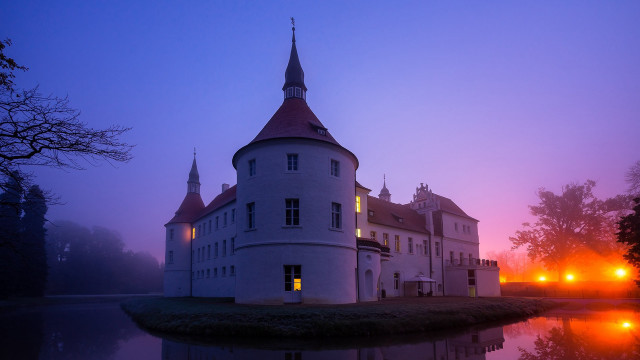 Castle tower clock night lake free wallpaper for desktop - medium preview image