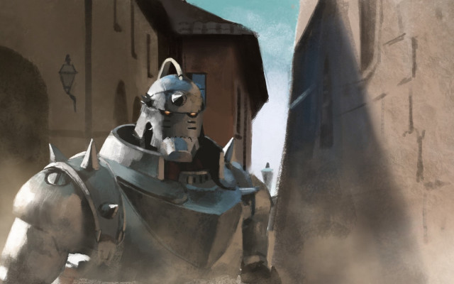 Robot alleyway city horse man free wallpaper for desktop - medium preview image