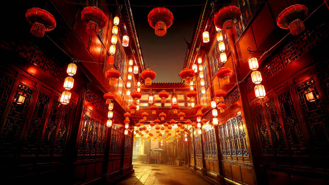 Long hallway lanterns night cityscape free wallpaper for desktop - medium preview image