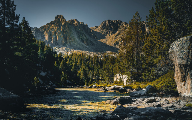 River forest mountains night starry free wallpaper for desktop - medium preview image