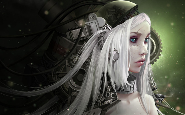 White hair robot helmet clock free wallpaper for desktop - medium preview image
