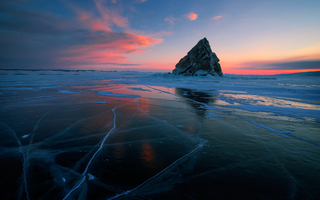 Frozen lake rock sunset pink free wallpaper for desktop - medium preview image