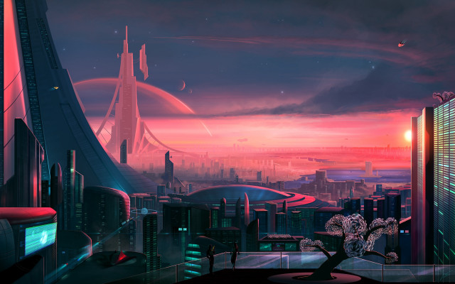 Futuristic city bridge skyline sunset free wallpaper for desktop - medium preview image