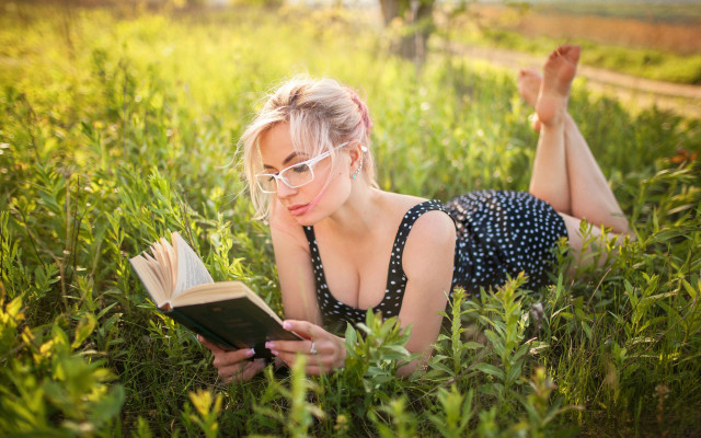 Woman reading grass outdoors magical free wallpaper for desktop - medium preview image