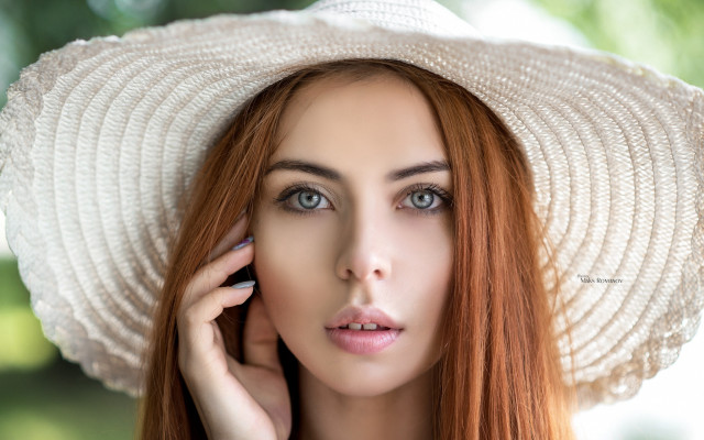 Red hair white hat cellphone free wallpaper for desktop - medium preview image