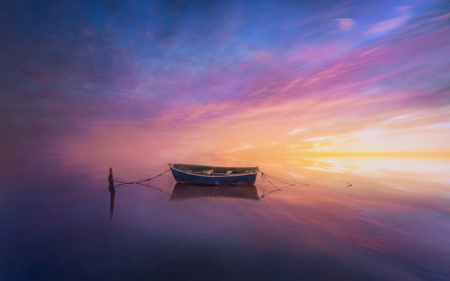 Boat water sunset mountain sky free wallpaper for desktop - medium preview image
