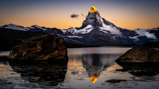Mountain reflection rock dusk fire free wallpaper for desktop - medium preview image