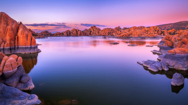 Lake rocks boats dusk mystical free wallpaper for desktop - medium preview image