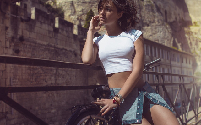 Woman bike posing fence fashion free wallpaper for desktop - medium preview image